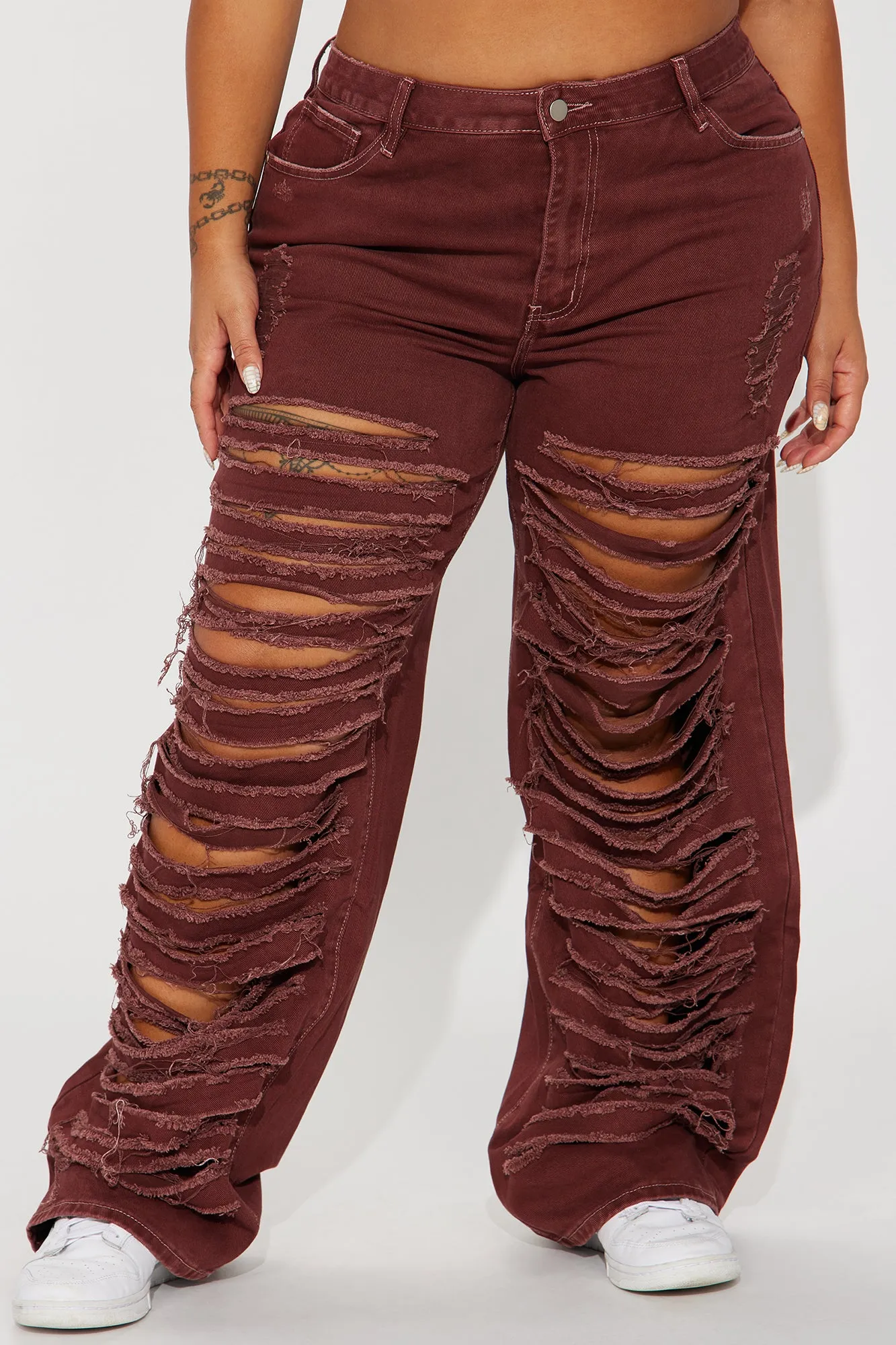 Big Dreams Non Stretch Ripped Wide Leg Baggy Jean - Burgundy