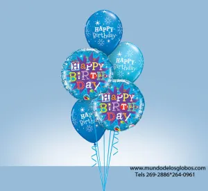 Bouquet Happy Birthday con Globos Azules con Estrellas