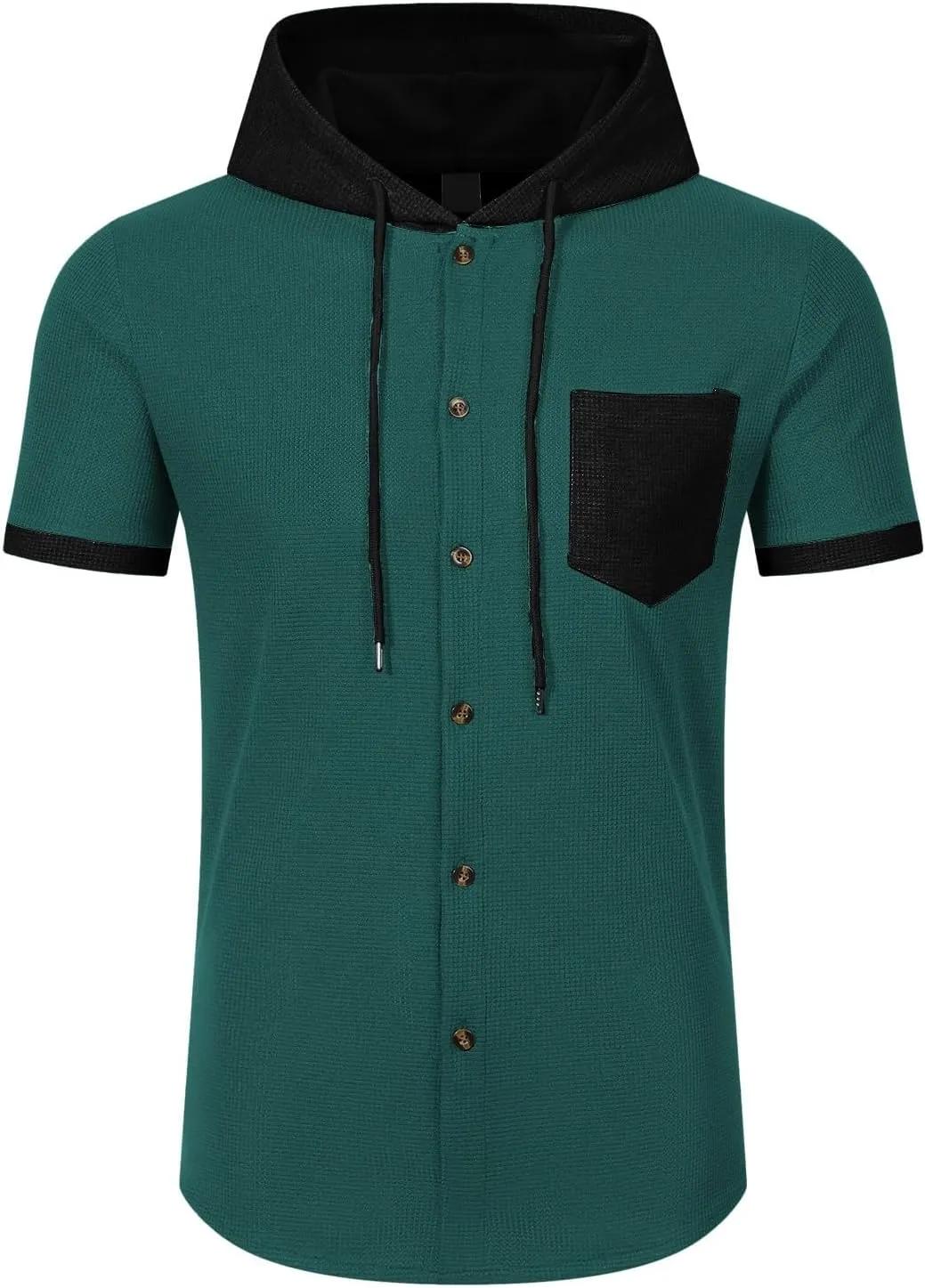 Button Down Hoodies for Men Casual Waffle Knit Short Sleeve Drawstring Hooded Shirt Lightweight Summer Polo Cardigan