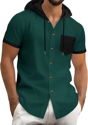 Button Down Hoodies for Men Casual Waffle Knit Short Sleeve Drawstring Hooded Shirt Lightweight Summer Polo Cardigan