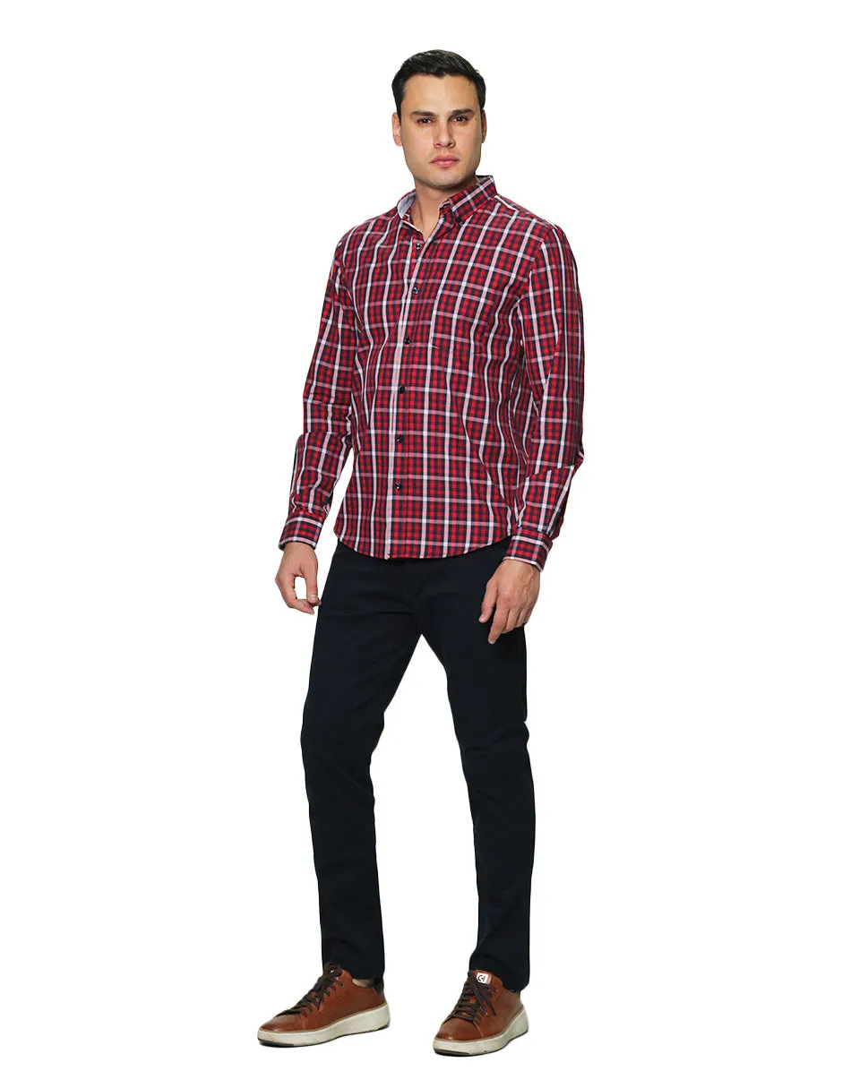 Camisas Hombre Manga Larga Cuadros Regular Fit B31229 Rojo