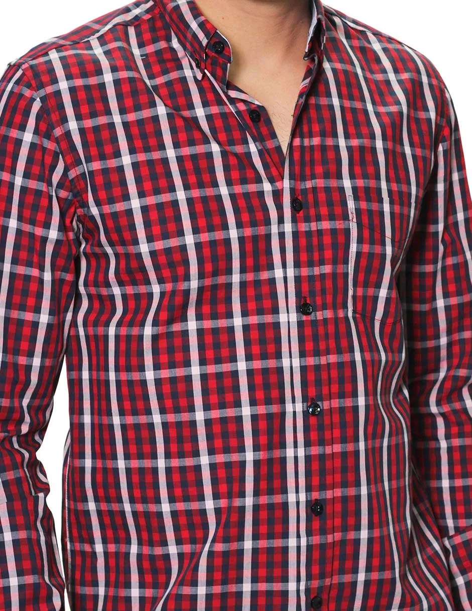 Camisas Hombre Manga Larga Cuadros Regular Fit B31229 Rojo
