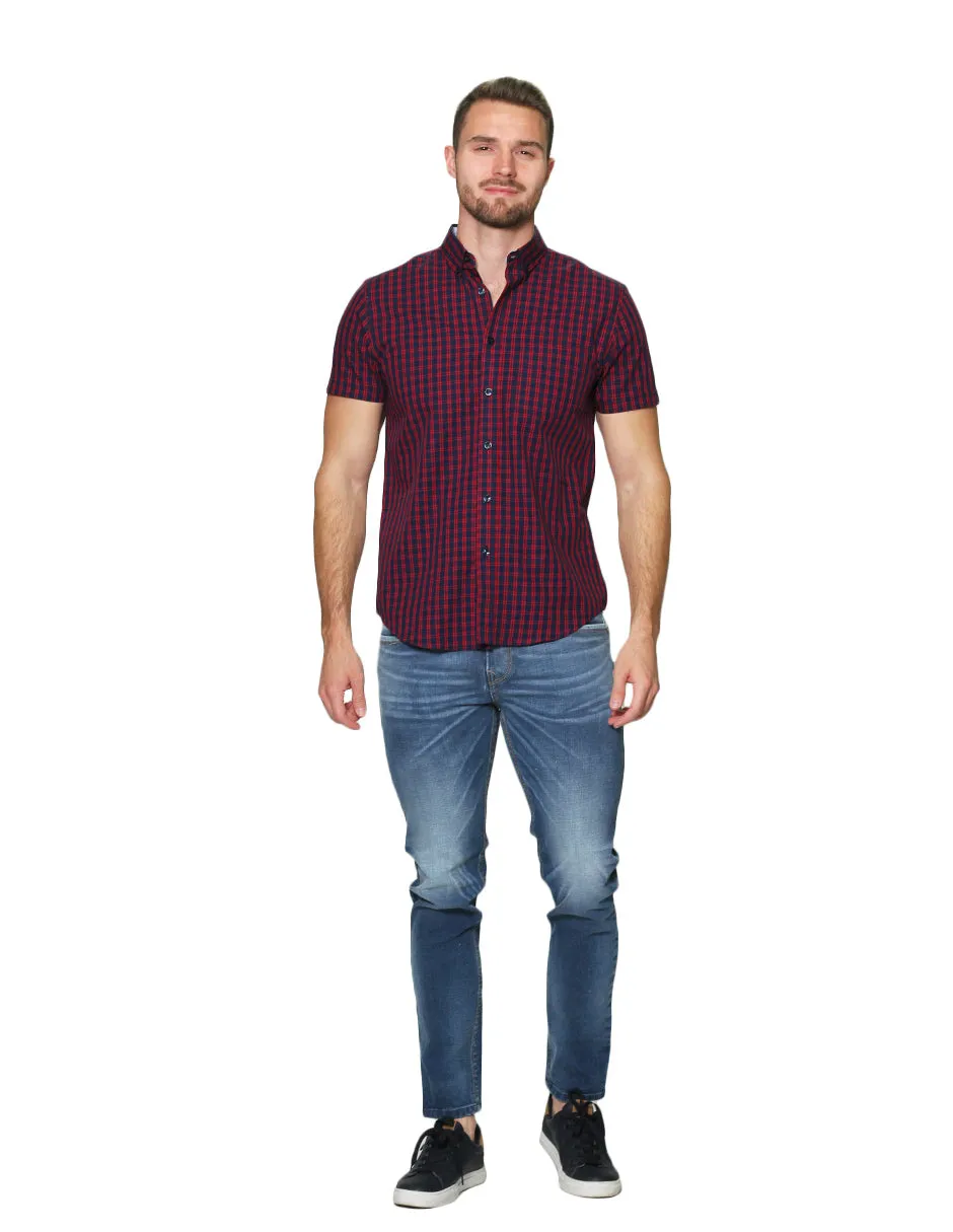 Camisas Para Hombre Manga Corta Cuadros Regular Fit B31266 Rojo