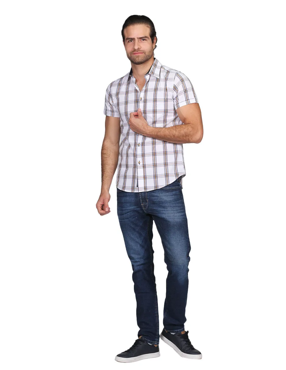Camisas Para Hombre Manga Corta Cuadros Slim Fit Blanco B21152