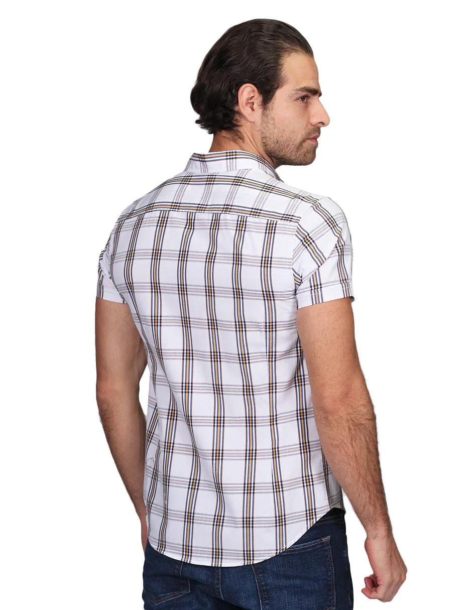 Camisas Para Hombre Manga Corta Cuadros Slim Fit Blanco B21152