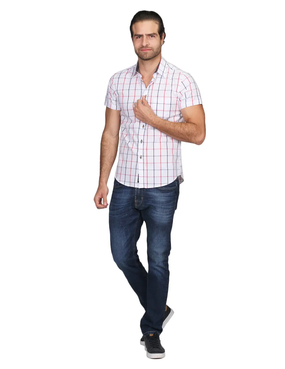 Camisas Para Hombre Manga Corta Cuadros Slim Fit Blanco B21153