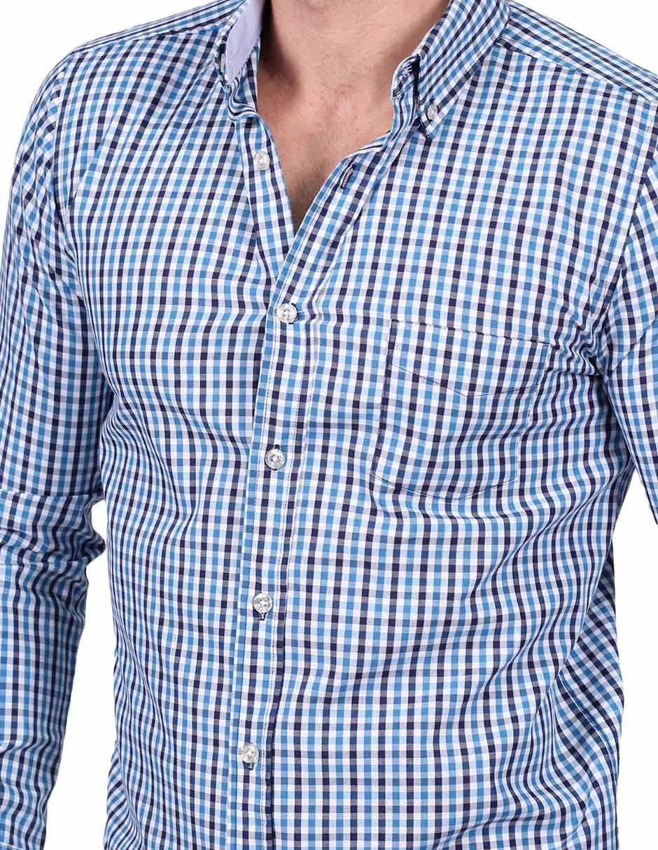 Camisas Para Hombre Manga Larga Cuadros Regular Fit Azul B25201