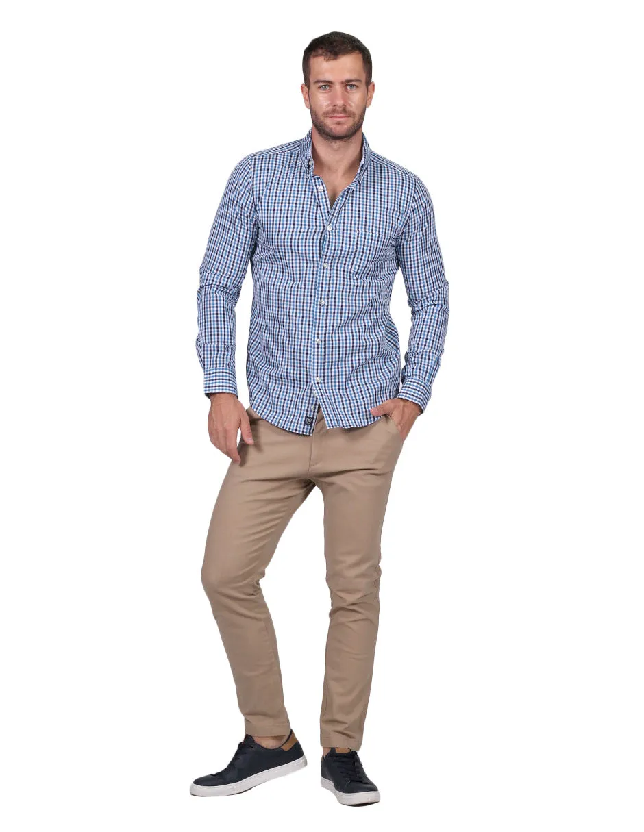 Camisas Para Hombre Manga Larga Cuadros Regular Fit Azul B25201