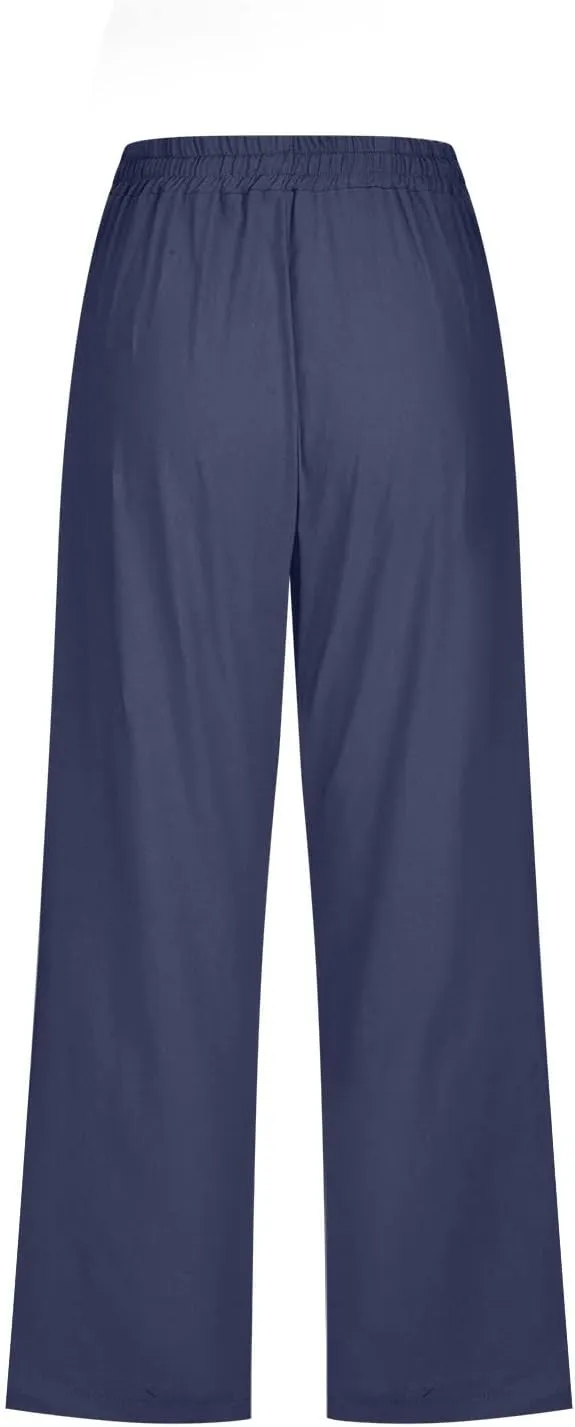 Capri Pants for Women Casual Summer Drawstring Elestic High Waist Cropped Trouser Plus Size Cotton Linen Capris