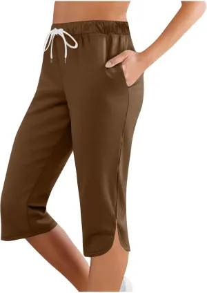 Capri Pants for Women Summer Casual Elastic Waist Drawstring Split Hem Stretchy Yoga Leggings Cparis with Pockets