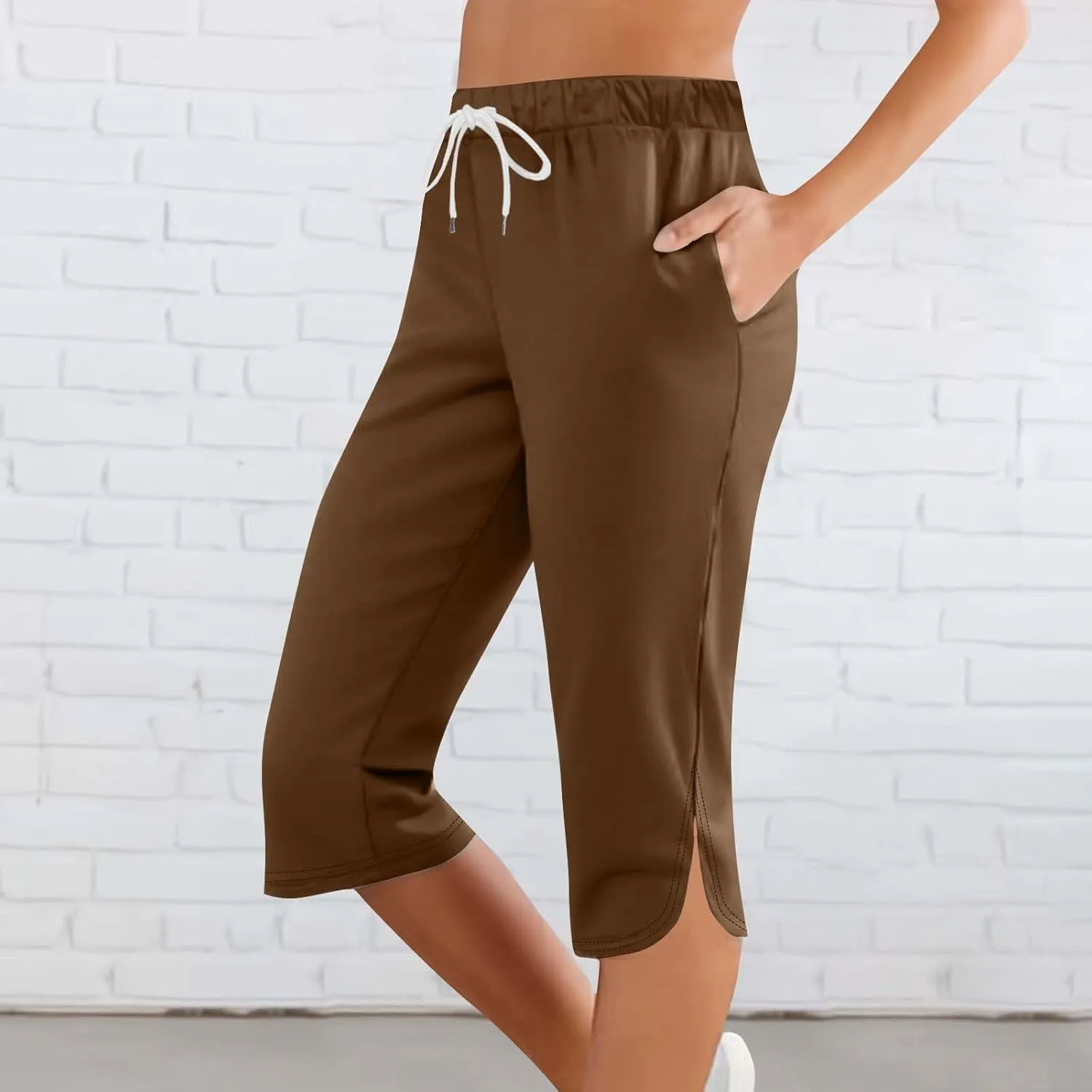 Capri Pants for Women Summer Casual Elastic Waist Drawstring Split Hem Stretchy Yoga Leggings Cparis with Pockets