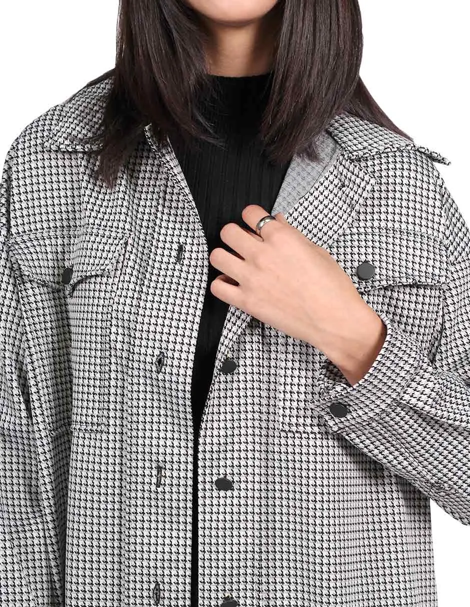 Chaquetas Para Mujer Oversize Estampado de Cuadros Con Bolsas Gris Q13112