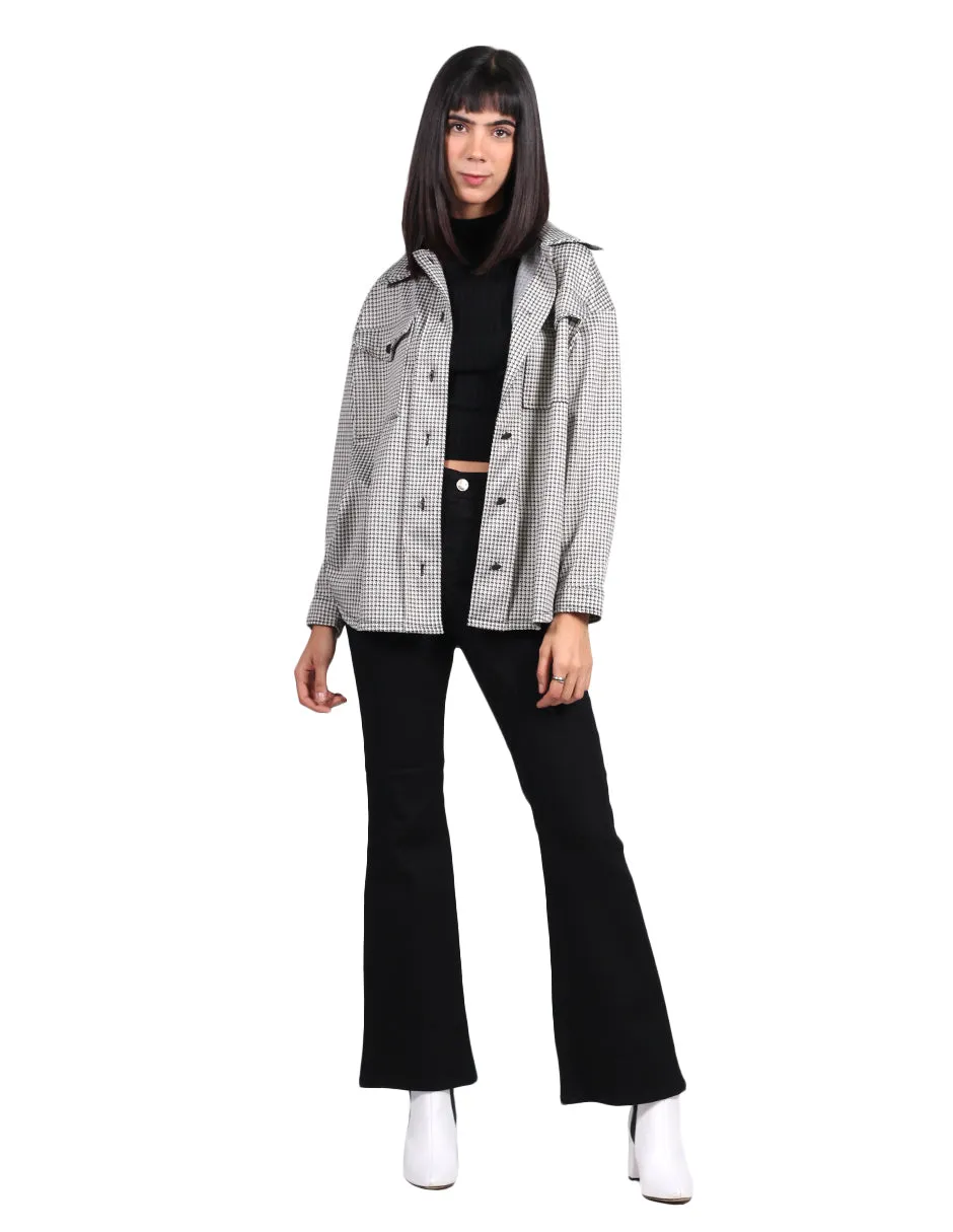 Chaquetas Para Mujer Oversize Estampado de Cuadros Con Bolsas Gris Q13112