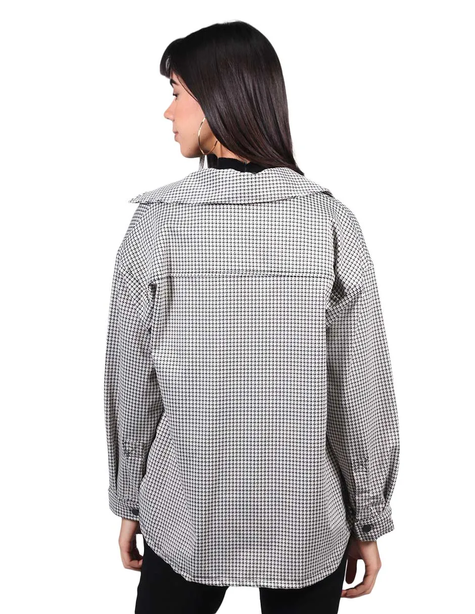 Chaquetas Para Mujer Oversize Estampado de Cuadros Con Bolsas Gris Q13112