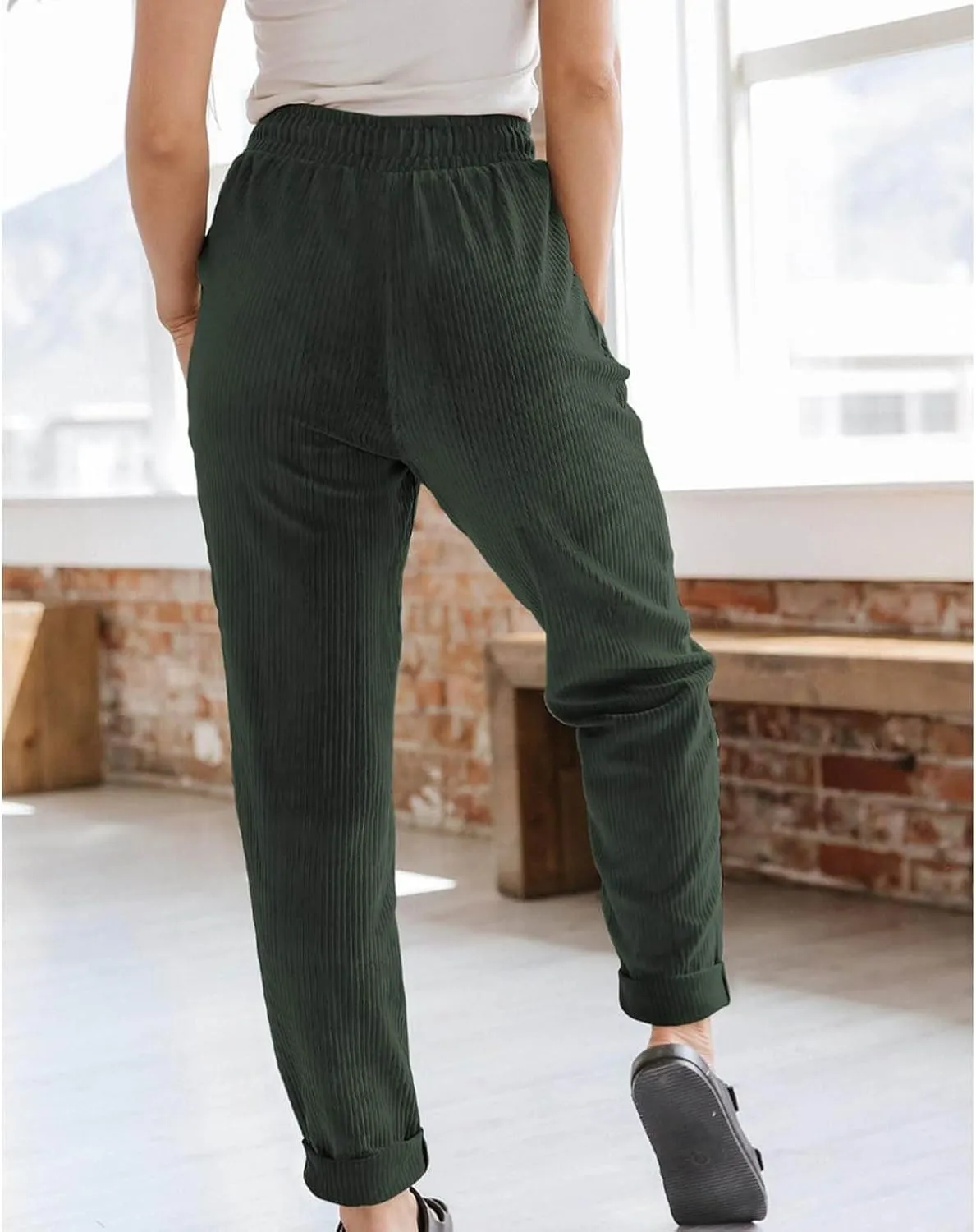 Corduroy Pants for Women Fall Winter Full Length Pant High Waist Straight Leg Pants Casual Drawstring Elastic Trouser