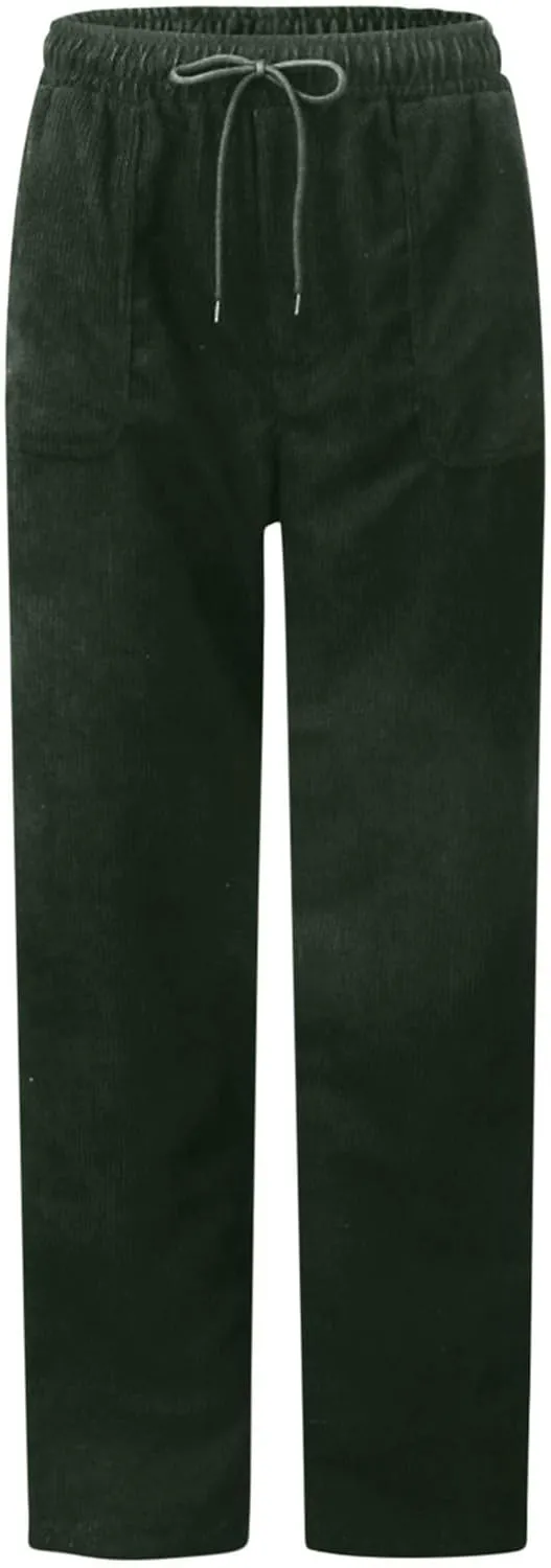 Corduroy Pants for Women Fall Winter Full Length Pant High Waist Straight Leg Pants Casual Drawstring Elastic Trouser