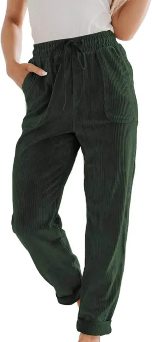 Corduroy Pants for Women Fall Winter Full Length Pant High Waist Straight Leg Pants Casual Drawstring Elastic Trouser