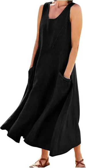 Cotton Linen Dresses for Women 2025,Plus Size Sleeveless Casual Loose Fit Comfy Vacation Beach Sundresses with Pockets