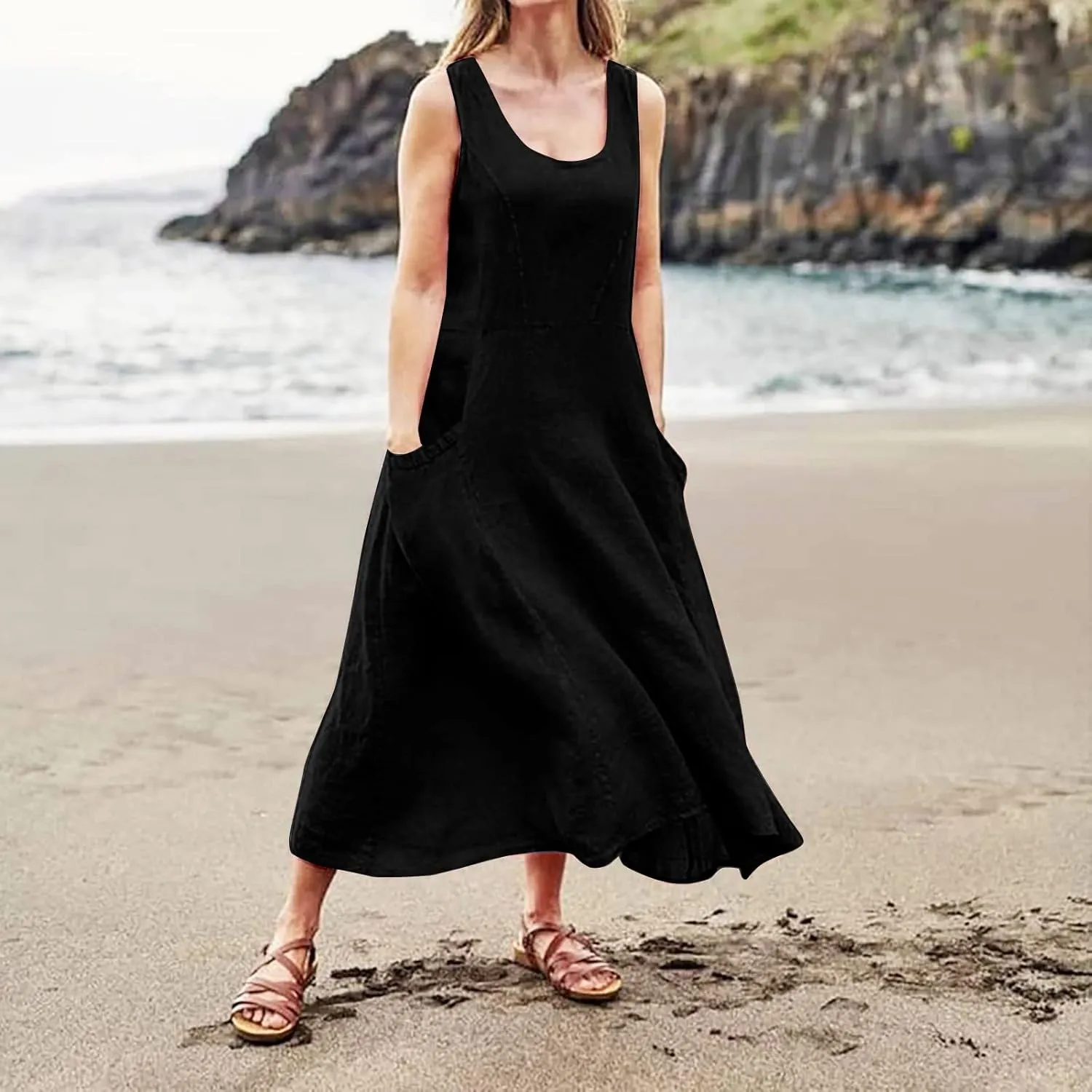 Cotton Linen Dresses for Women 2025,Plus Size Sleeveless Casual Loose Fit Comfy Vacation Beach Sundresses with Pockets