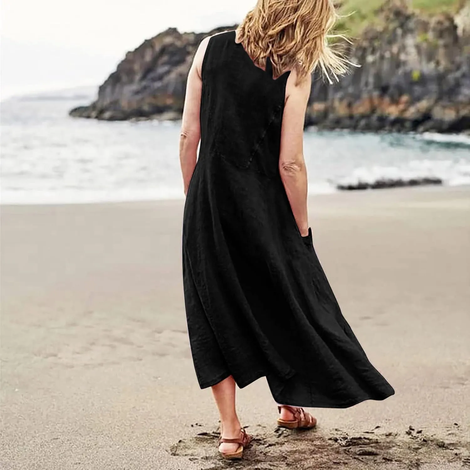 Cotton Linen Dresses for Women 2025,Plus Size Sleeveless Casual Loose Fit Comfy Vacation Beach Sundresses with Pockets