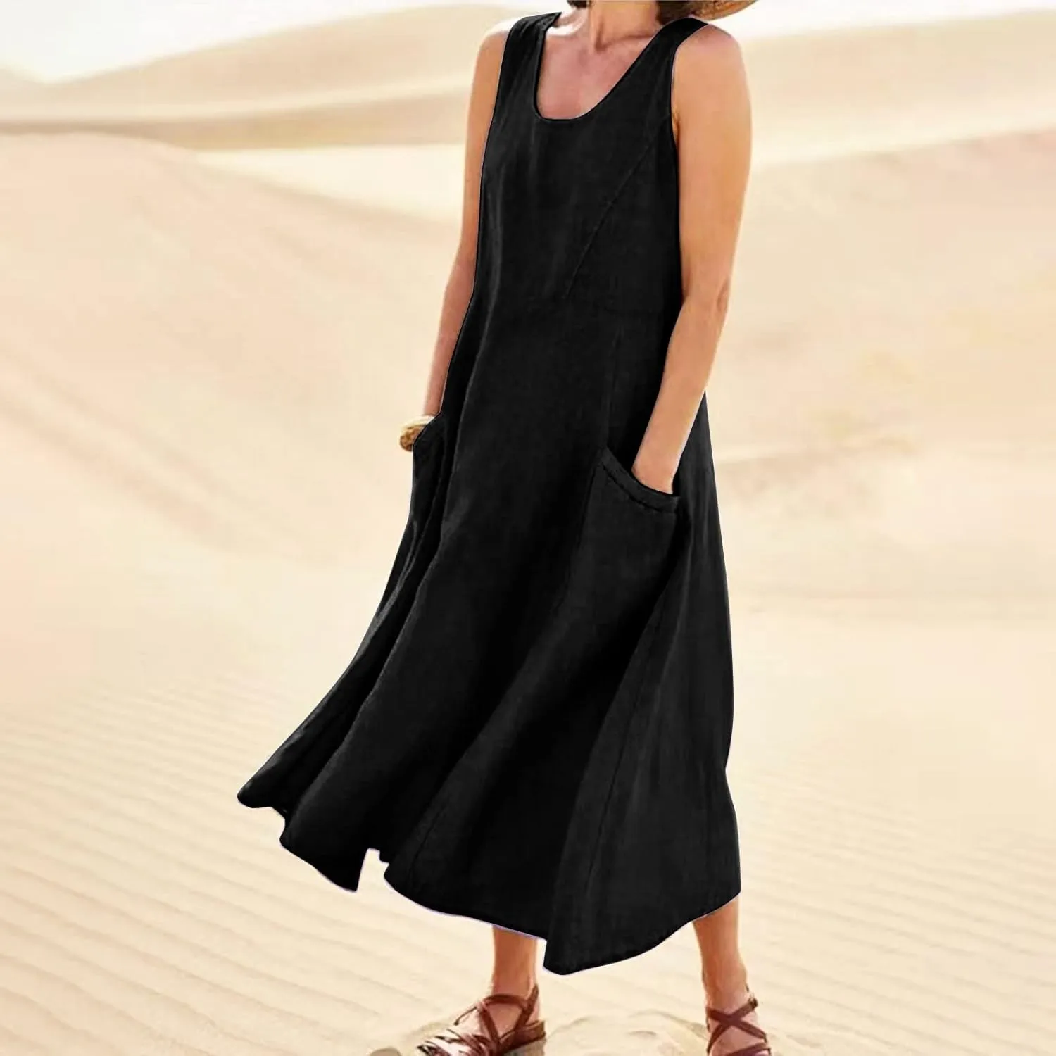 Cotton Linen Dresses for Women 2025,Plus Size Sleeveless Casual Loose Fit Comfy Vacation Beach Sundresses with Pockets