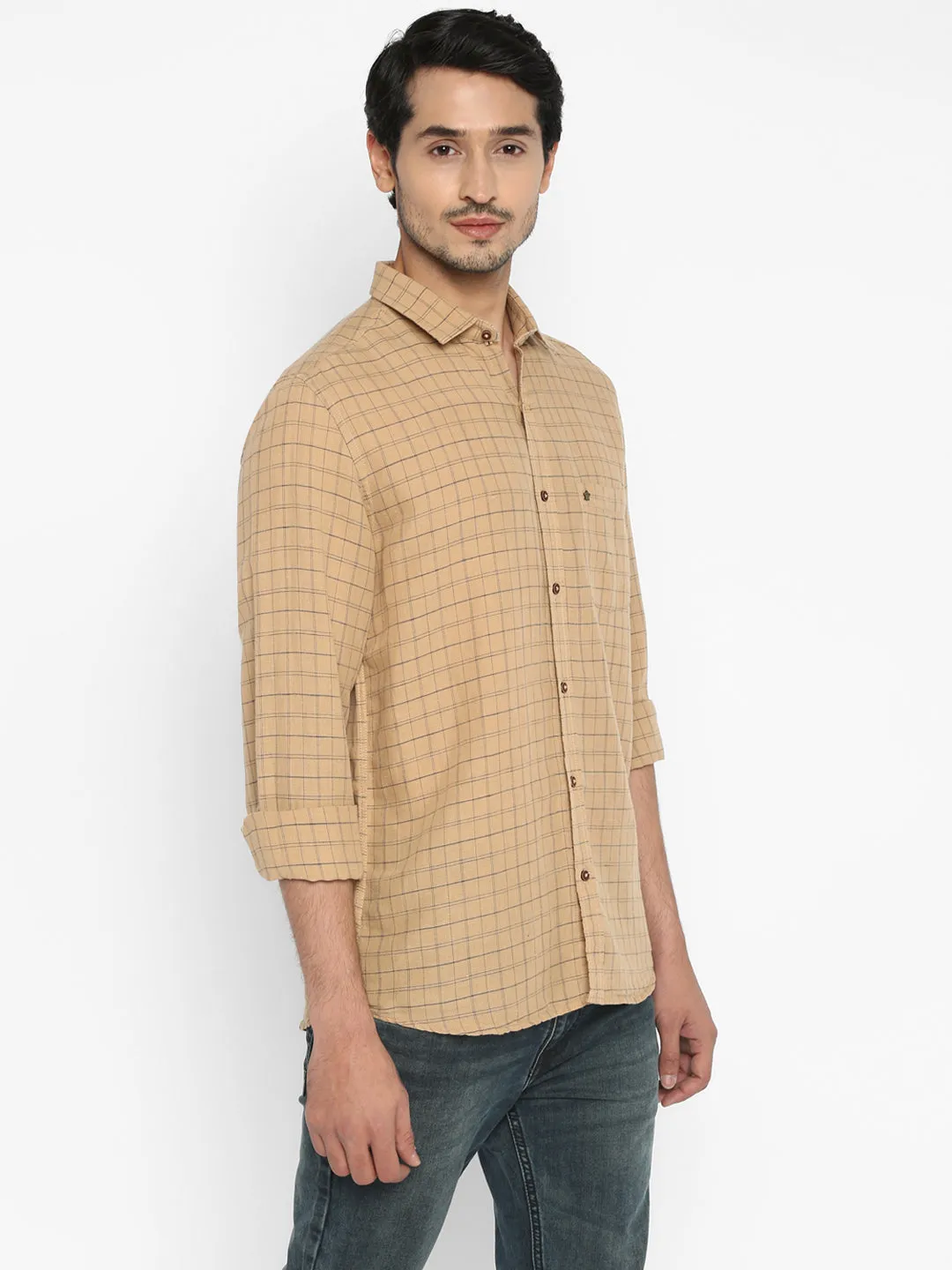 Cotton Linen Khaki Checkered Slim Fit Casual Shirt