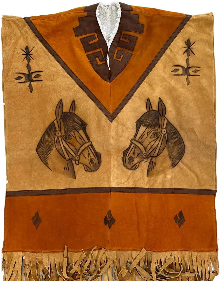 D'Classicos Authentic Western Suede Leather Poncho/Gaban with sheep wool fur inside Cowboy Mexican Zarape de piel