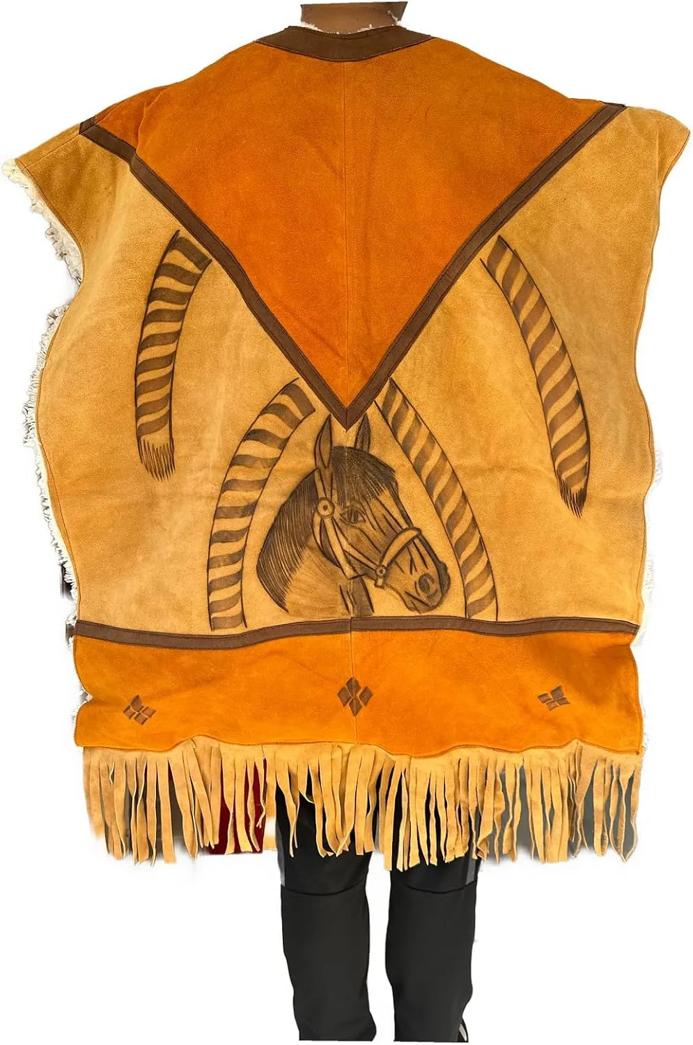 D'Classicos Authentic Western Suede Leather Poncho/Gaban with sheep wool fur inside Cowboy Mexican Zarape de piel