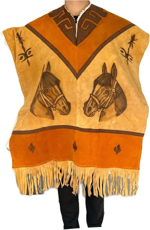 D'Classicos Authentic Western Suede Leather Poncho/Gaban with sheep wool fur inside Cowboy Mexican Zarape de piel