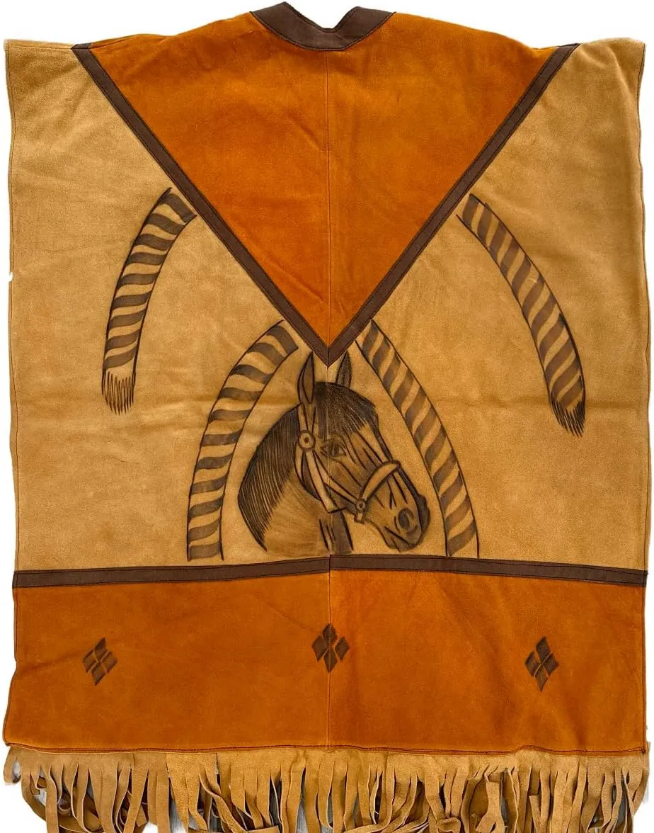 D'Classicos Authentic Western Suede Leather Poncho/Gaban with sheep wool fur inside Cowboy Mexican Zarape de piel