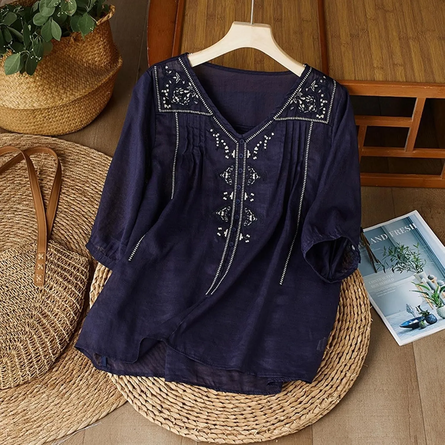 Floral Embroidered Tops Women Cotton Linen Shirts Boho Ethnic Style Flowy Blouse 3/4 Sleeve V Neck Button Tunic Shirt