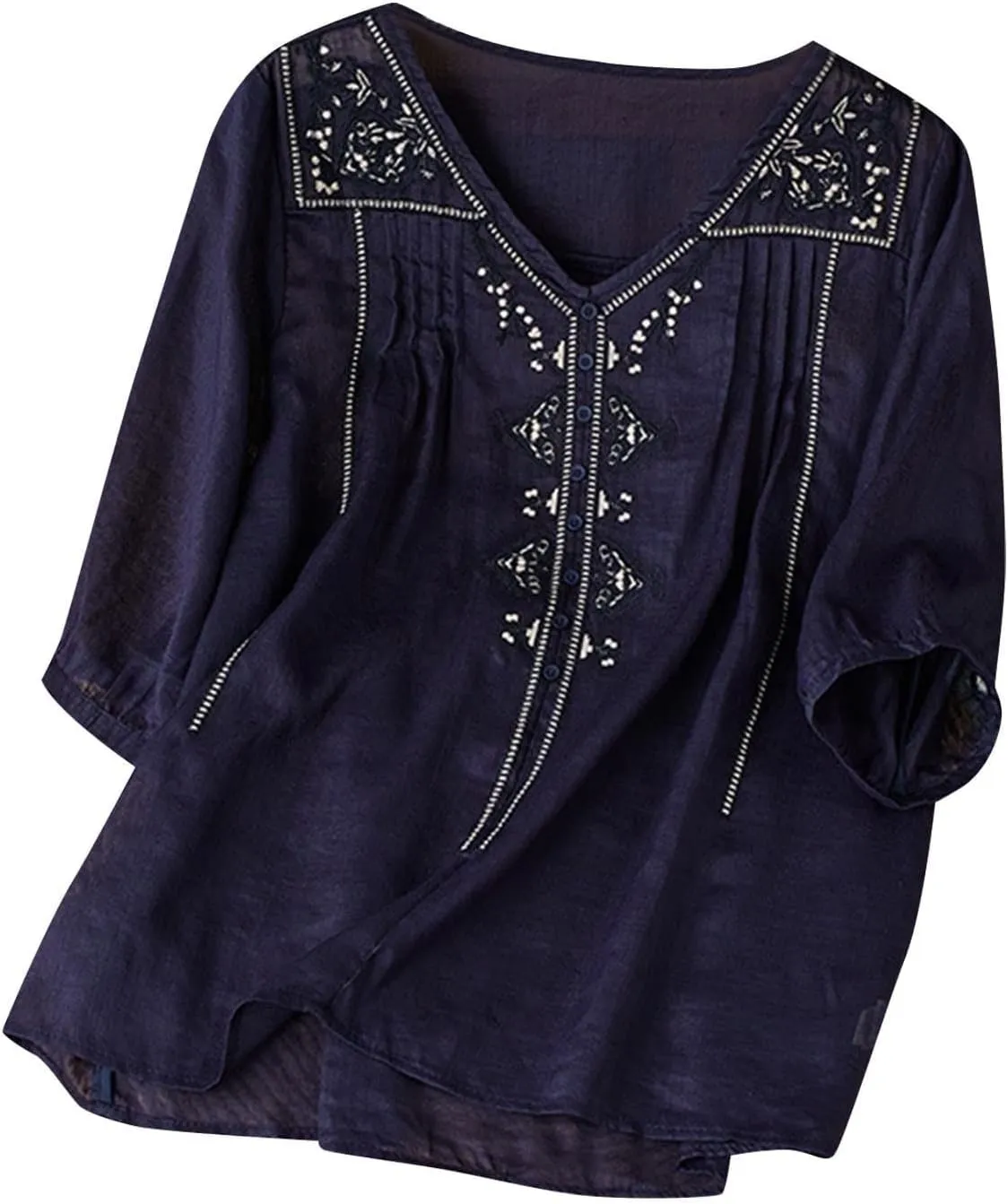 Floral Embroidered Tops Women Cotton Linen Shirts Boho Ethnic Style Flowy Blouse 3/4 Sleeve V Neck Button Tunic Shirt
