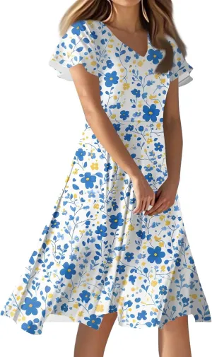Floral Wedding Guest Dresses for Women Elegant Flutter Sleeve Empire Waist Short Dresses Boho Church Outfits