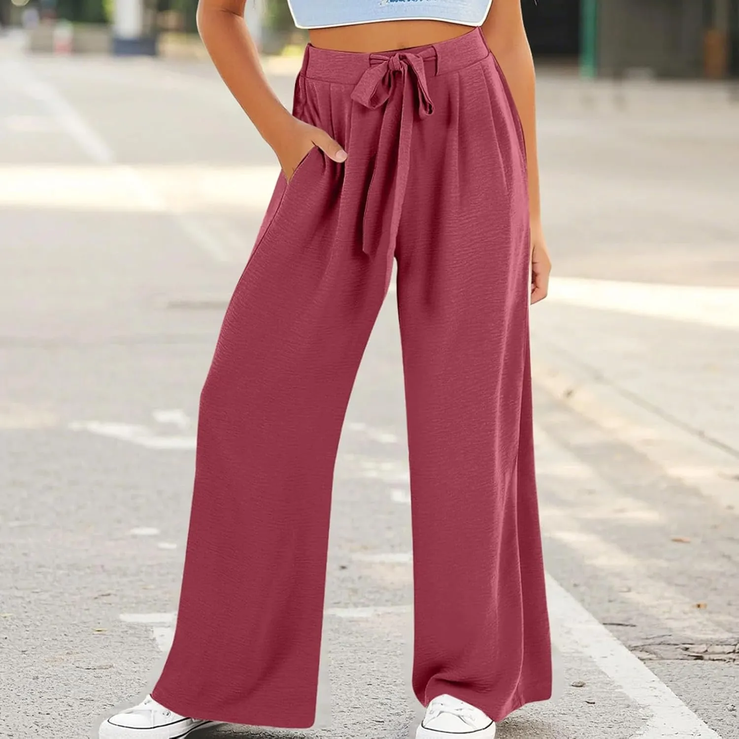 Girls Wide Leg Palazzo Pants Loose Lounges Summer High Waist Flowy Casual Trousers Beach Travel Vacation