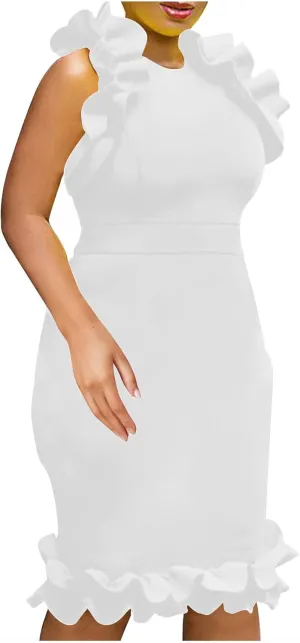 HGps8w Womens Plus Size Office Dress Long Elegant Ruffle Sleeveless Wedding Guest Dresses Formal Party Pencil Midi Dress