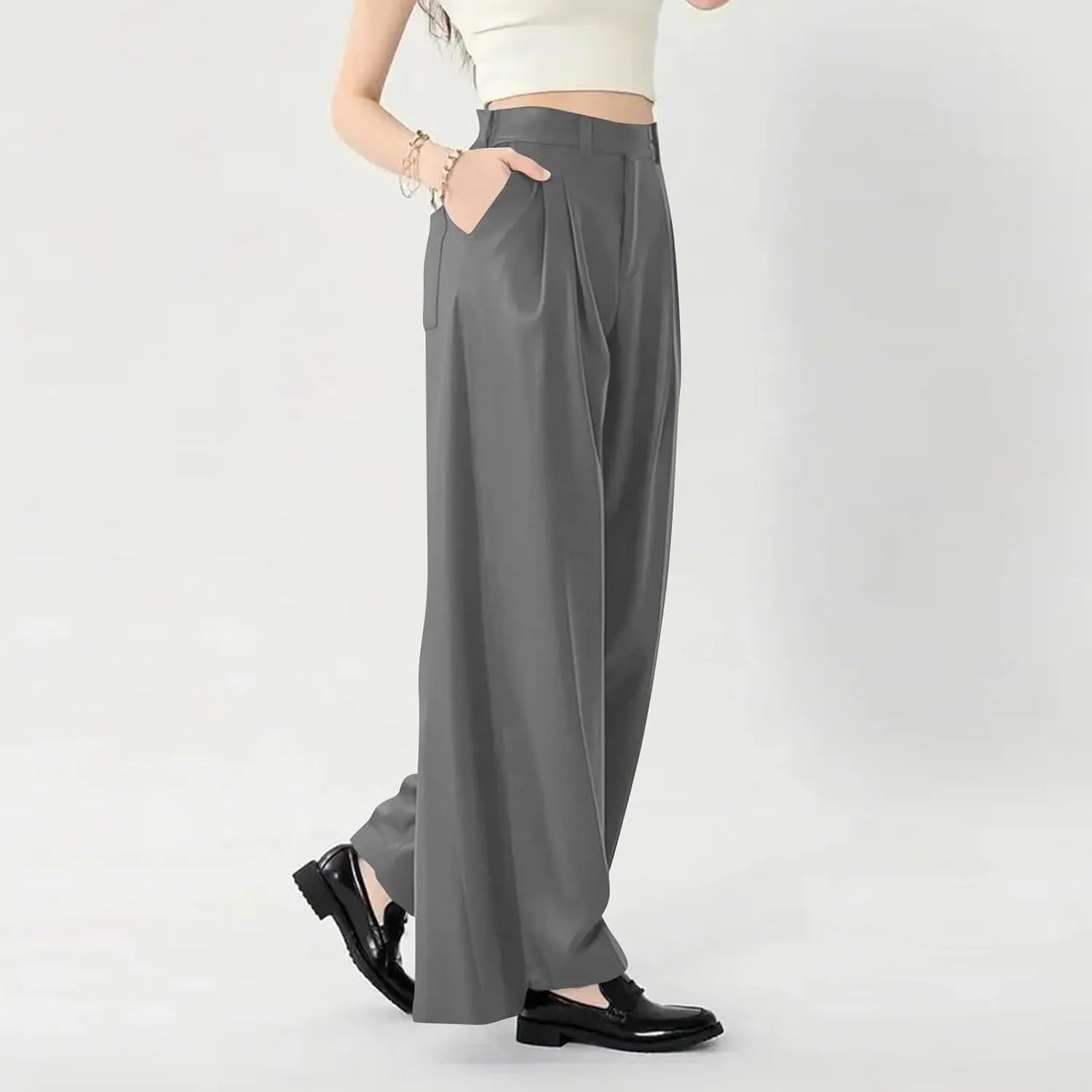 High Waisted Work Dress Pants Business Casual Outfits for Women Tees 2025 Office Flowy Trousers with Pockets