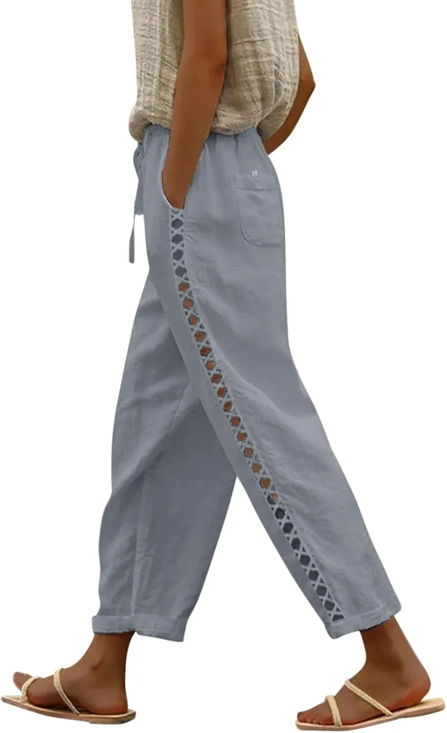 Linen Capris for Women Lightweight Summer Pants Drawstring Elastic Waisted Vacation Beach Linen Pants Casual Travel Trousers
