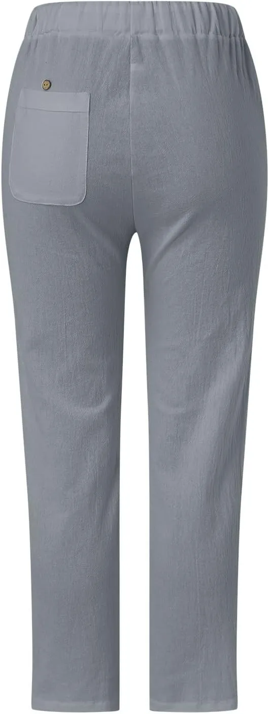 Linen Capris for Women Lightweight Summer Pants Drawstring Elastic Waisted Vacation Beach Linen Pants Casual Travel Trousers