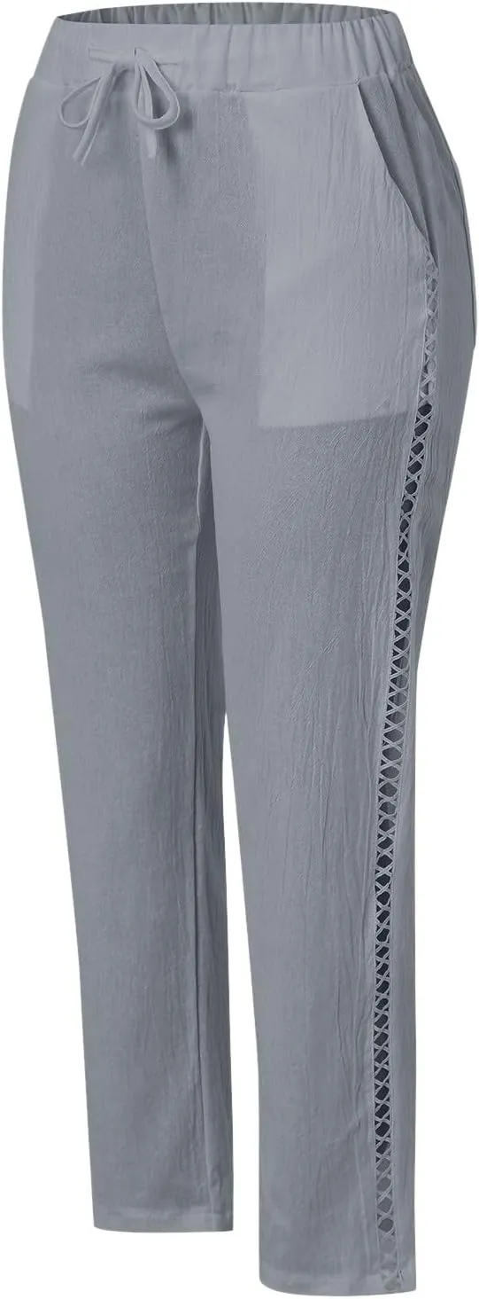 Linen Capris for Women Lightweight Summer Pants Drawstring Elastic Waisted Vacation Beach Linen Pants Casual Travel Trousers