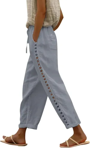 Linen Capris for Women Lightweight Summer Pants Drawstring Elastic Waisted Vacation Beach Linen Pants Casual Travel Trousers