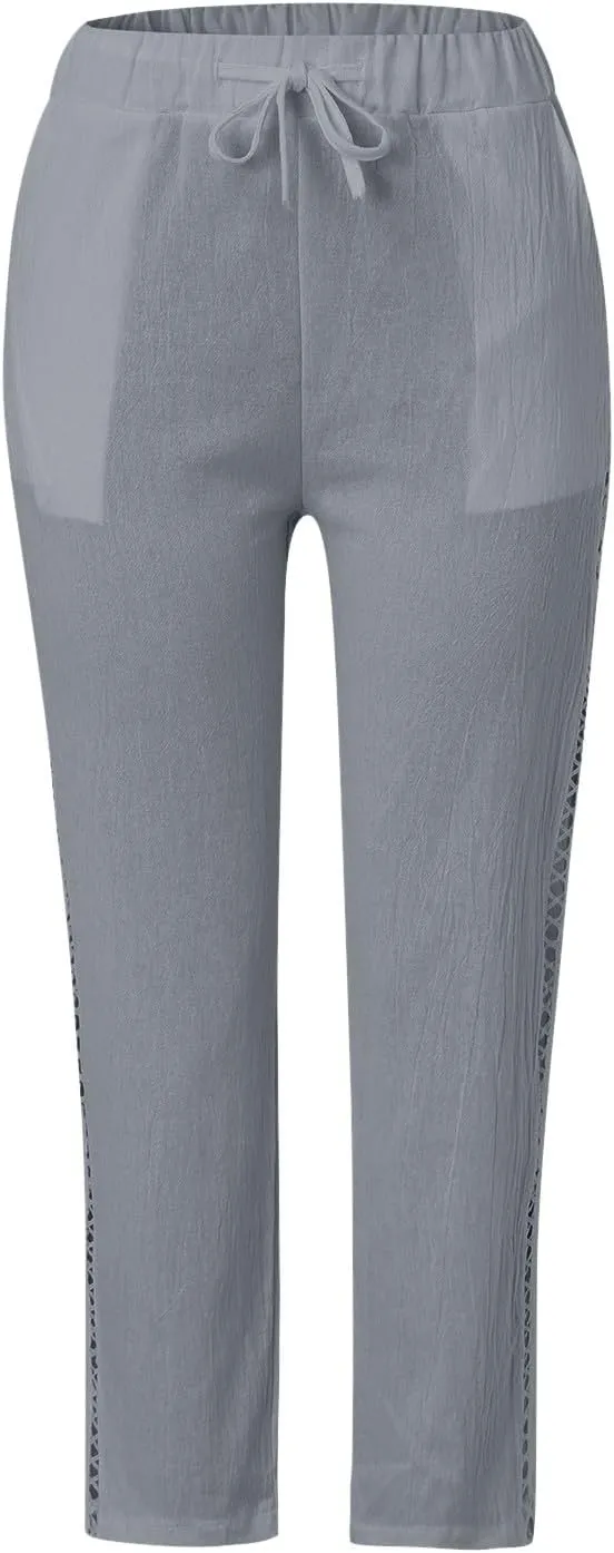 Linen Capris for Women Lightweight Summer Pants Drawstring Elastic Waisted Vacation Beach Linen Pants Casual Travel Trousers