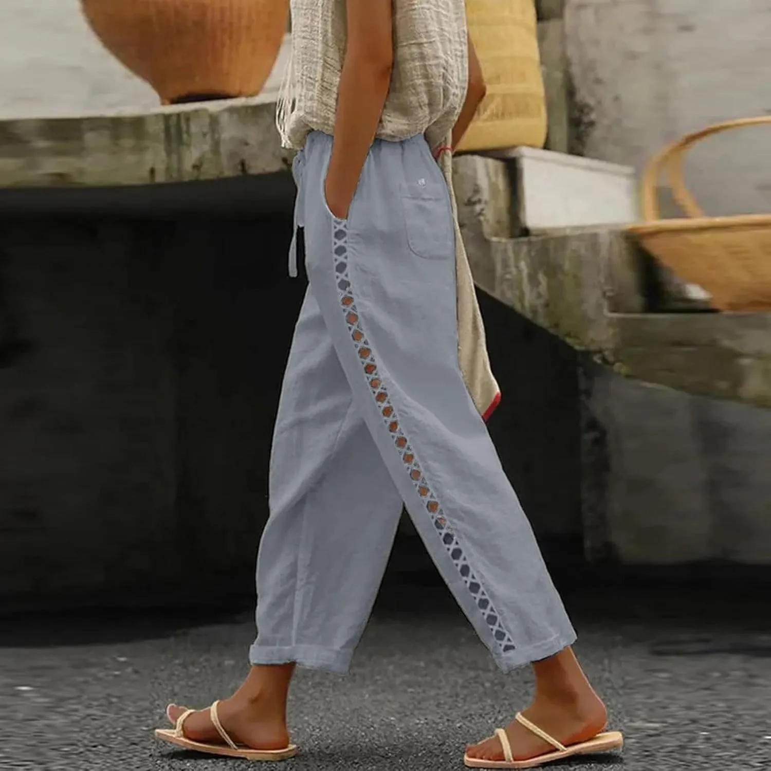 Linen Capris for Women Lightweight Summer Pants Drawstring Elastic Waisted Vacation Beach Linen Pants Casual Travel Trousers