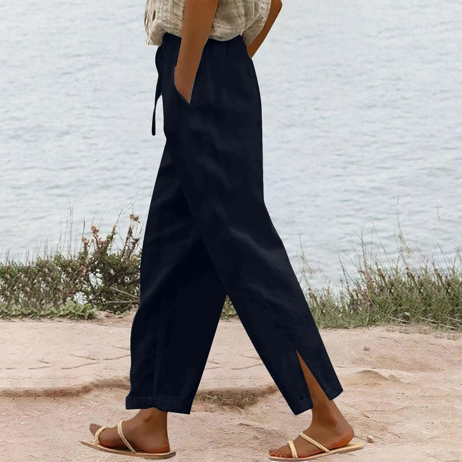 Linen Pants for Women 2025 Summer High Waist Elastic Straight Leg Lounge Pant Casual Lightweight Beach Trousers