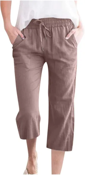 Linen Pants for Women Petite Short Loose Fitting Lightweight Joggers High Waisted Cropped Pants with Pockets
