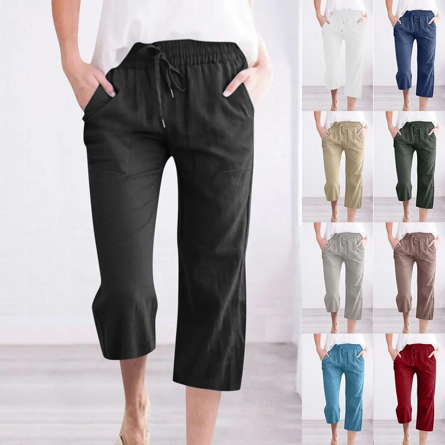 Linen Pants for Women Petite Short Loose Fitting Lightweight Joggers High Waisted Cropped Pants with Pockets