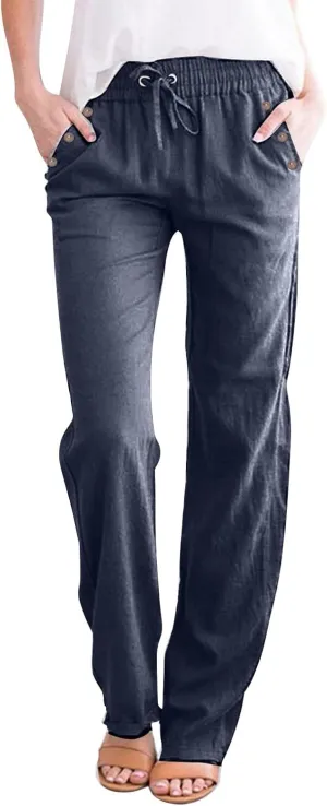 Linen Pants Women Straight Leg Lightweight Elastic Waist Pants Summer Relaxed Fit Plus Size Loose Trousers