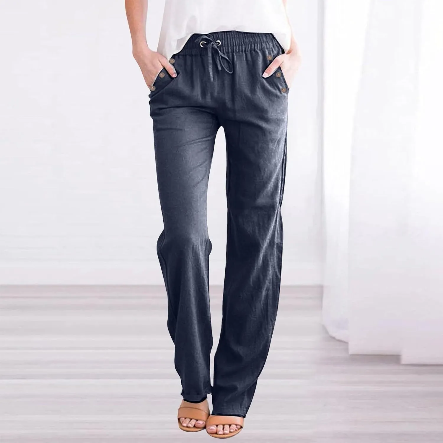Linen Pants Women Straight Leg Lightweight Elastic Waist Pants Summer Relaxed Fit Plus Size Loose Trousers
