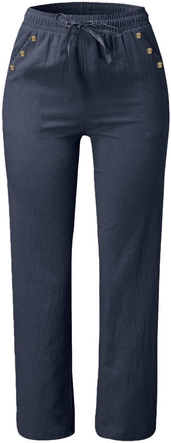 Linen Pants Women Straight Leg Lightweight Elastic Waist Pants Summer Relaxed Fit Plus Size Loose Trousers