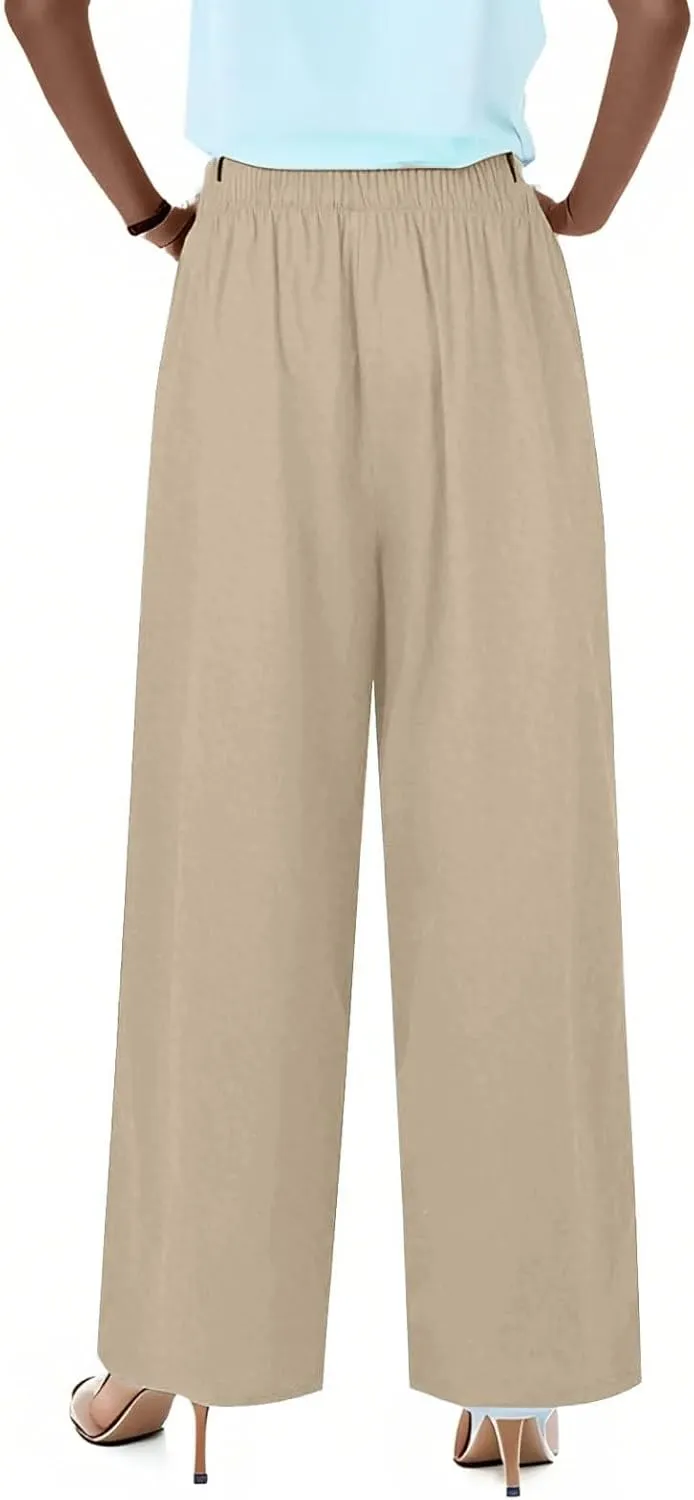 Linen Pants Women,Casual Pants Trendy Wide Leg High Waisted Cotton Linen Drawstring Summer Trouser with Pockets