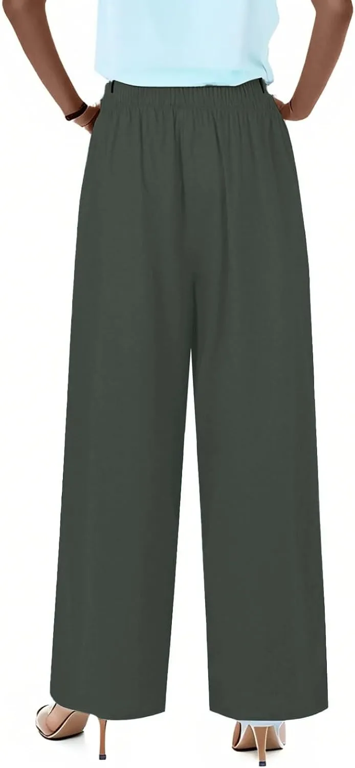 Linen Pants Women,Casual Pants Trendy Wide Leg High Waisted Cotton Linen Drawstring Summer Trouser with Pockets